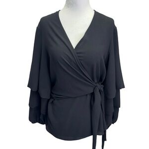 Frank Lyman💜Black V-Neck Cross-Over Bell Sleeve Top Blouse Size 6